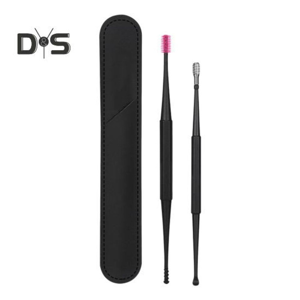 (black) Silicone Earwax Remover Set Stainless Steel Ear Picks Double-head Spiral Brush Head Portable Ear Cleaner With Long Handle Faux Leather Case
