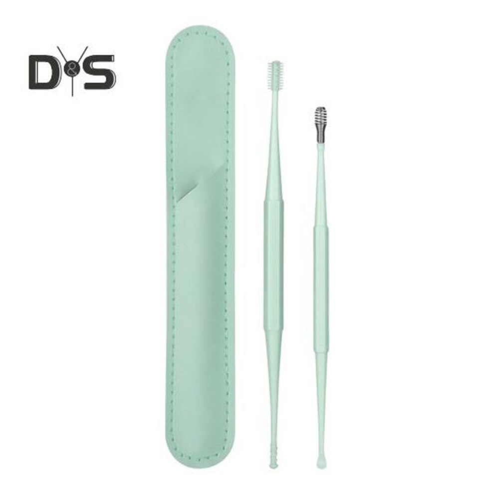 (green) Silicone Earwax Remover Set Stainless Steel Ear Picks Double-head Spiral Brush Head Portable Ear Cleaner With Long Handle Faux Leather Case