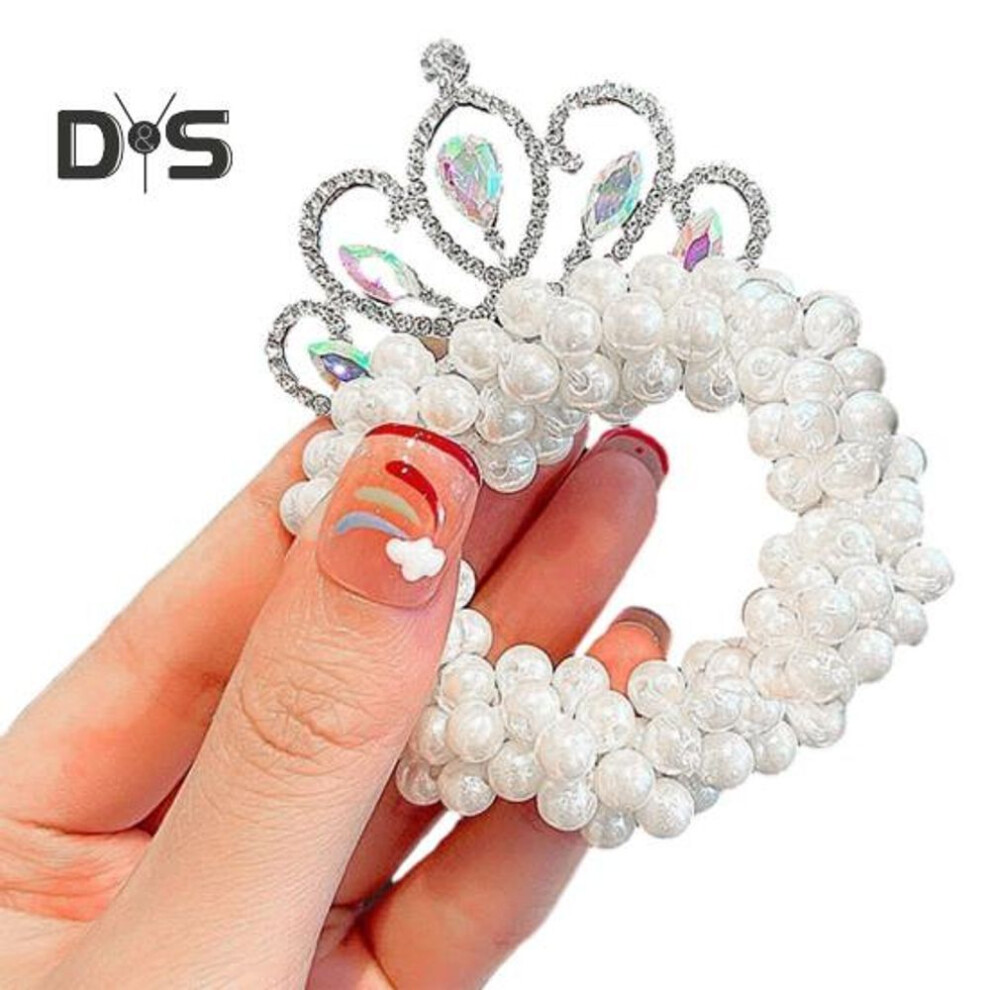 (as the picture, C) Crown Princess Hair Bands Elastic Rubber Ties for Kids Elegant Faux Pearl Gentle Hair Styling Accessories