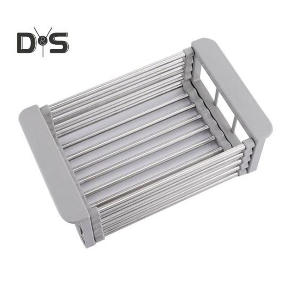 (grey, S) Stainless Steel Drain Rack Retractable Design Large Capacity Rust-proof Corrosion Resistant Kitchen Sink Hollow Drain Rack Organizer