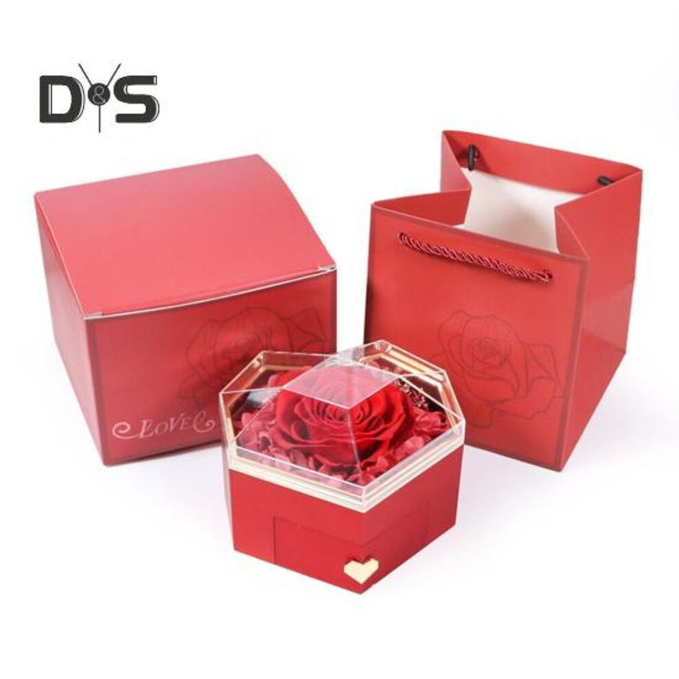 (red) Preserved Rose Ring Box Heart Shape Jewelry Box Preserved Flower Necklace Box With Hidden Drawer Gift For Her Birthday Anniversary Valentine's Day