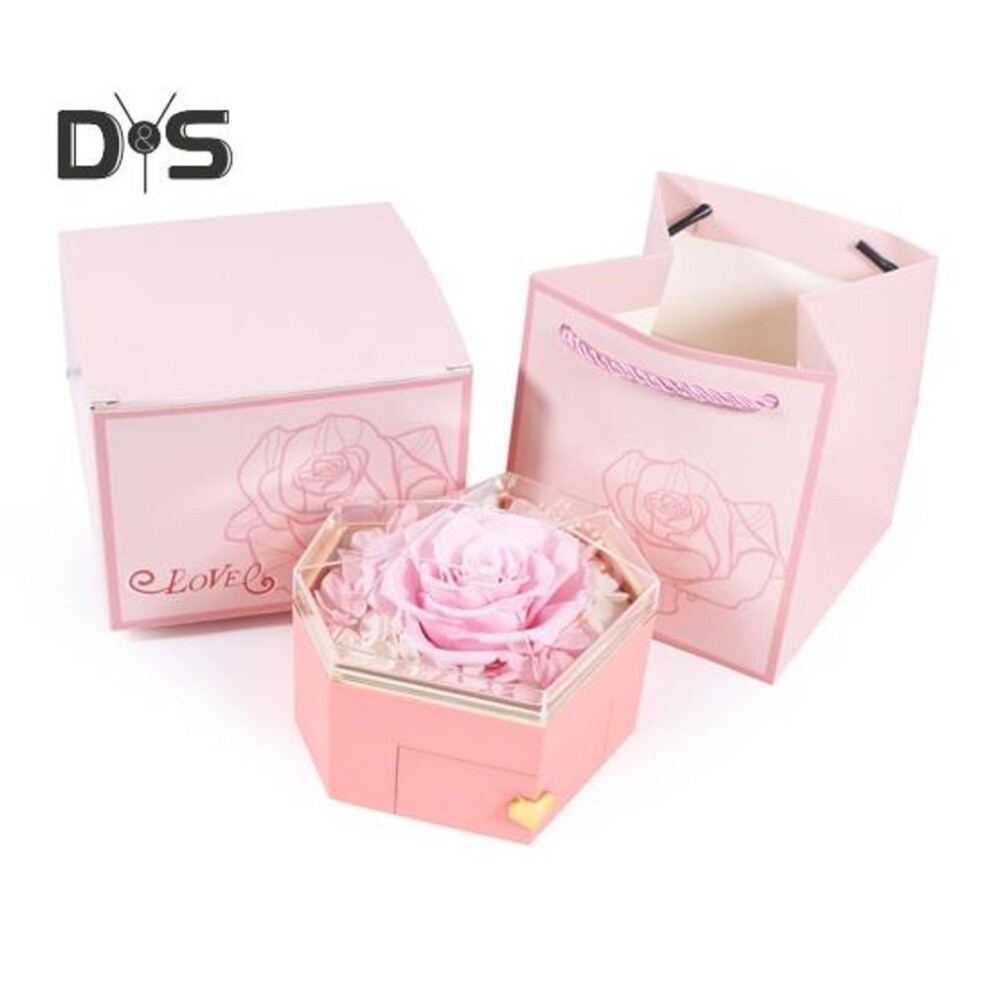 (pink) Preserved Rose Ring Box Heart Shape Jewelry Box Preserved Flower Necklace Box With Hidden Drawer Gift For Her Birthday Anniversary Valentine's Day