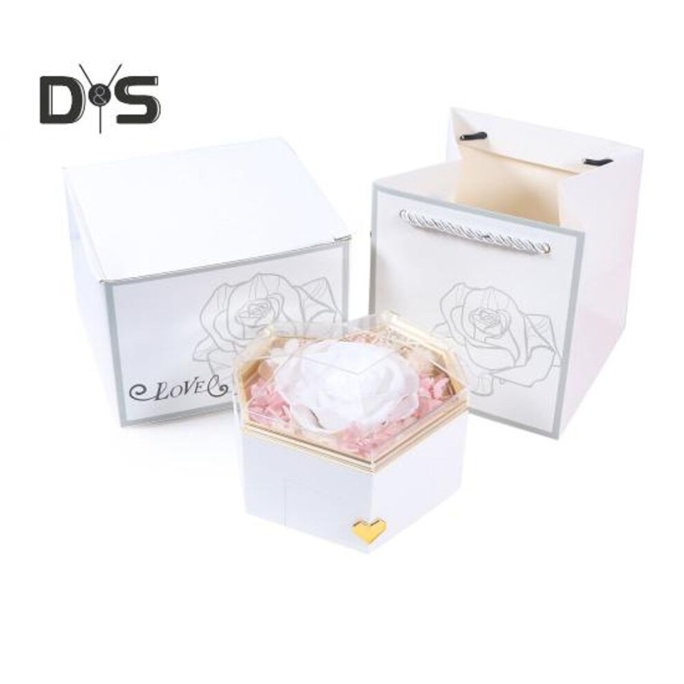(white) Preserved Rose Ring Box Heart Shape Jewelry Box Preserved Flower Necklace Box with Hidden Drawer Gift for Her Birthday Anniversary Valentine's Day