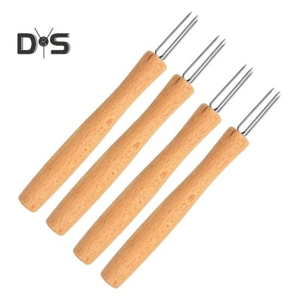 (as the picture, Long) 4Pcs 3-Prong Metal Potato Forks with Beech Wood Handle Reusable Cooking Corn Skewers Kitchen