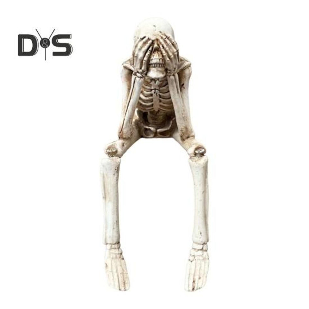 (as the picture, B) Halloween Skeleton Ornaments Resin Sitting Skull Figurines Movable Joints Skeleton Bone Statues Realistic Home Decoration for Bookshelf Table Ledge