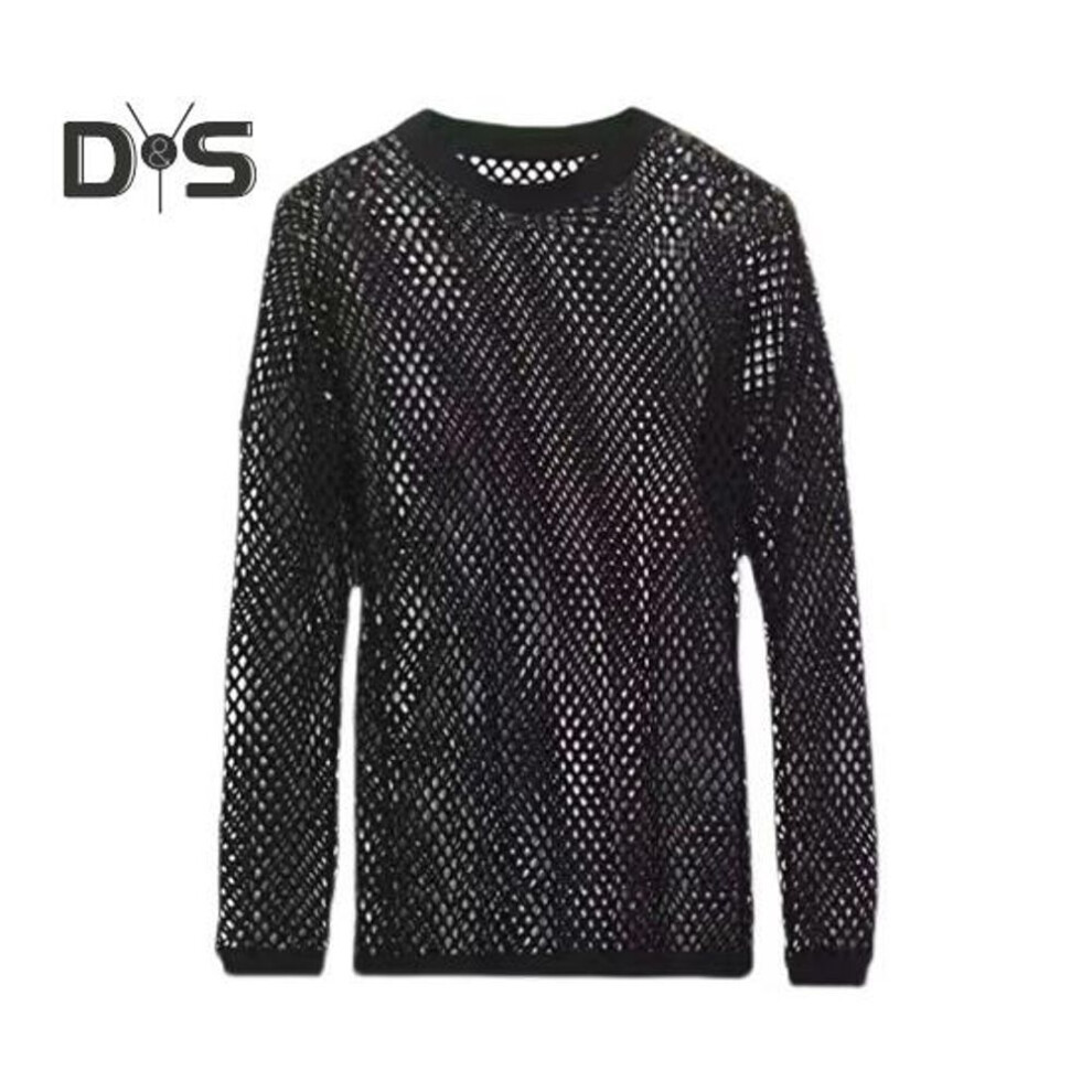 (black, L) Men Mesh Top Ultra Thin See-through O Neck Long Sleeves Solid Color Stretchy Loose Fit Muscle-Enhancing Party Homewear Club Dance Performance T-shirt