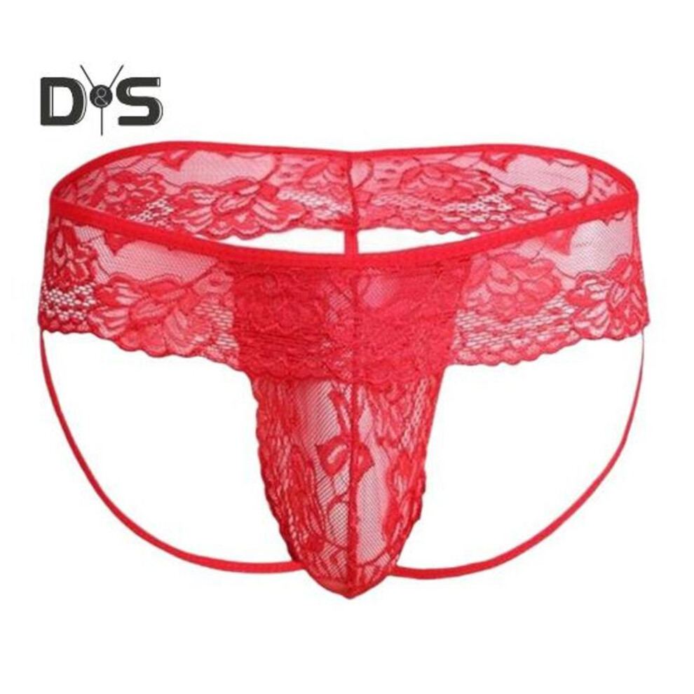 (red) Men Underpants Hollow Out Lace Thin Low-waist Jockstraps Pouch Male Panties Gay Men Nightclub Performance Male Briefs For Bedroom Honeymoon Wedding