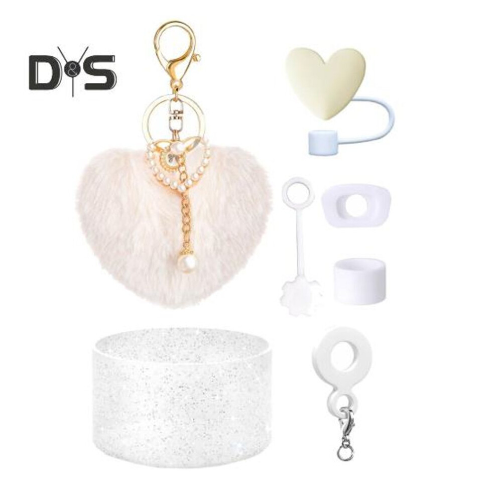 (white) 7Pcs Cup Accessories Set Cute Heart Hairball Pendant Lipstick Bag Bowknot Straw Stopper Silicone Boot Cup Sleeve Decorative Charms