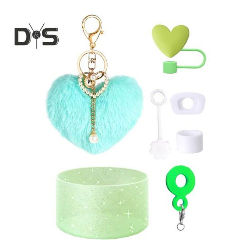 (green) 7Pcs Cup Accessories Set Cute Heart Hairball Pendant Lipstick Bag Bowknot Straw Stopper Silicone Boot Cup Sleeve Decorative Charms