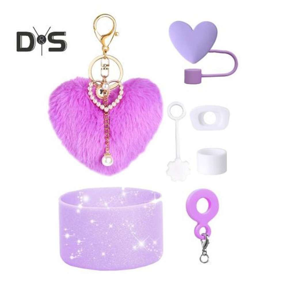 (purple) 7Pcs Cup Accessories Set Cute Heart Hairball Pendant Lipstick Bag Bowknot Straw Stopper Silicone Boot Cup Sleeve Decorative Charms