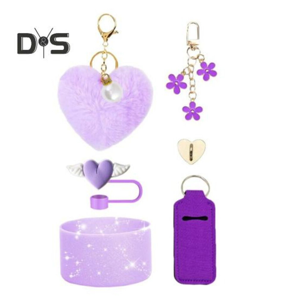 (purple) 6pcs Cup Accessories Set Valentine's Day Love Heart Hairball Pendant Lipstick Bag Bowknot Straw Stopper Cute Charms Silicone Boot