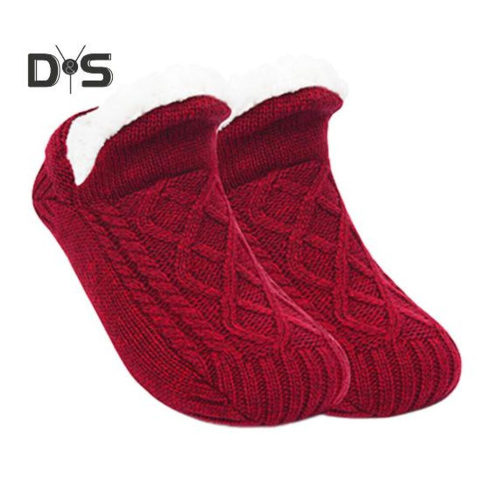 (wine red, 28cm) 1 Pair Anti-Slip Floor Socks Warmth Comfort Moisture-Wicking Cozy Fleece Lining Knitted Adjustable Indoor Slipper Socks Holiday Gift Winter Socks