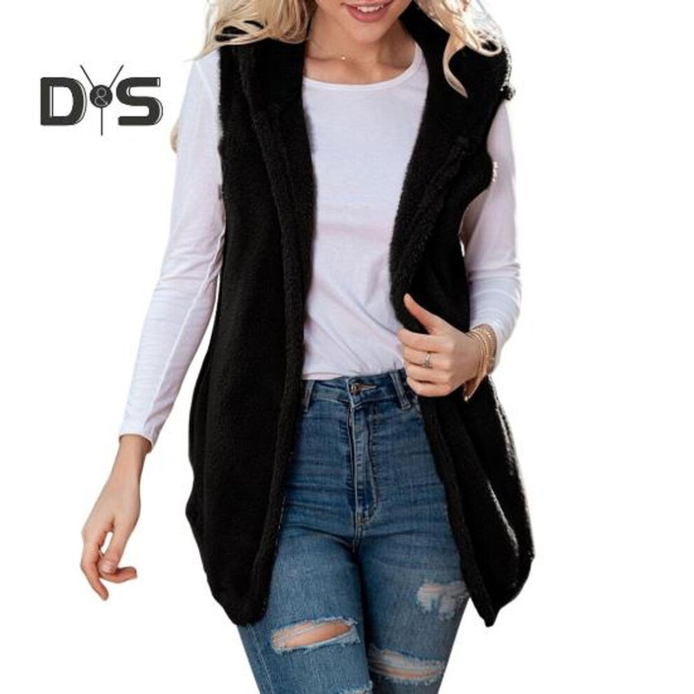 (black, M) Women Winter Vest with Hood Mid Length Cardigan Faux Fur Waistcoat Solid Color Sleeveless Thick Keep Warm Coat for Daily Wear Outdoor