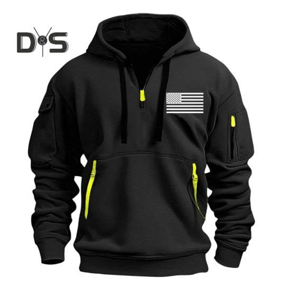 (black, XL) Men Spring Fall Fitness Hoodie with Zipper Decor Plush-lined Hooded Multi Pockets Thick American Flag Pattern Elastic Cuffs And Hem Top for Travel