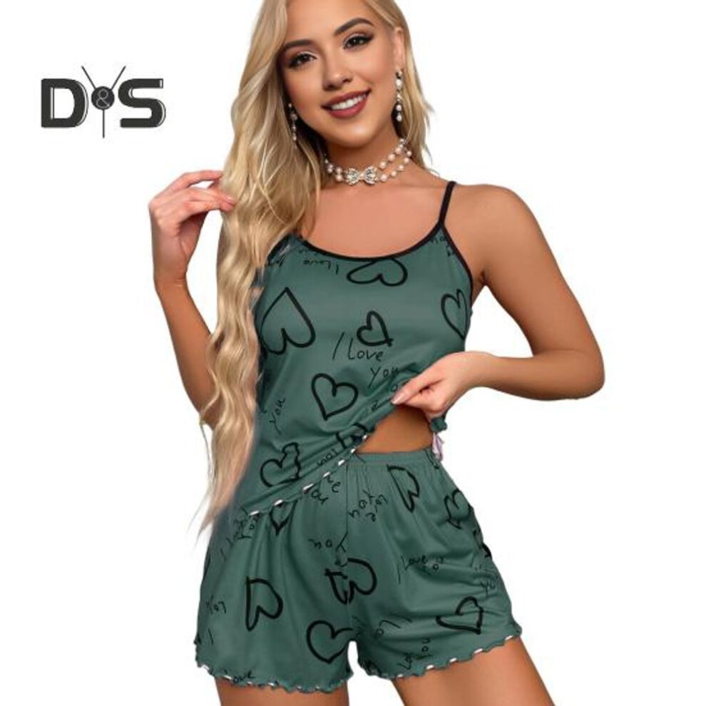 (M, green) 2Pcs/Set Lady Homewear Top Shorts Suit Heart Print Sleeveless Backless Shirring Vest Elastic High Waist Short Pants Camis Shorts Outfit Lady Summer