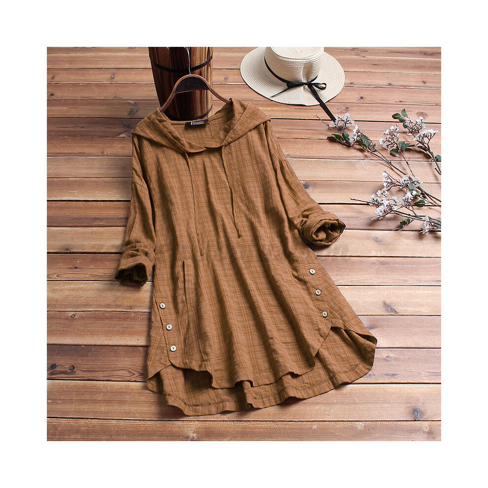 (Khaki,5XL)Chemise à capuche femme asymétrique ourlet hauts sweats à capuche chemisier à carreaux asymétrique