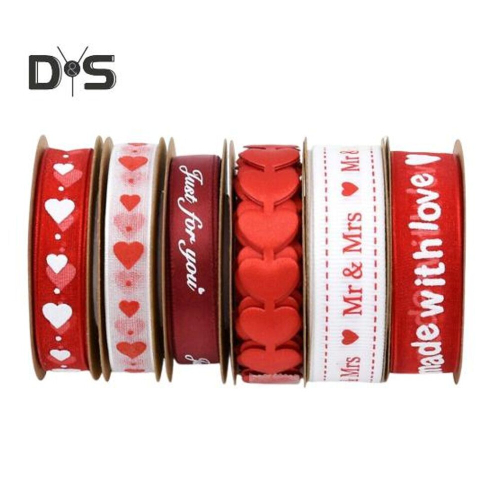 (as the picture, B) 6 Rolls Valentine's Day Ribbons Love Heart Print Gifts Wrapping Organza Ribbons for Anniversary Wedding Craft Decoration