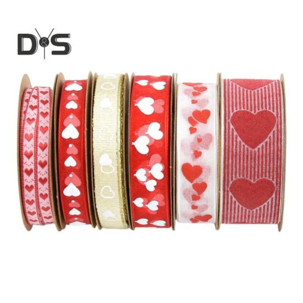 (as the picture, A) 6 Rolls Valentine's Day Ribbons Love Heart Print Gifts Wrapping Organza Ribbons for Anniversary Wedding Craft Decoration