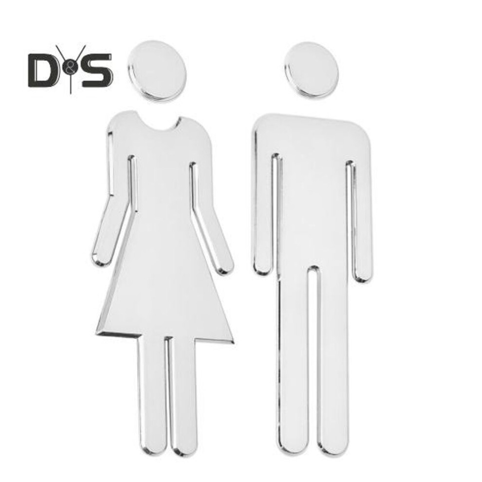 (silver) 2pcs Acrylic Bathroom Mirror Sign Adhesive Restroom Door Toilet 3D Men Women Sign Business Restaurant Office Hotel Washroom Wall Identification