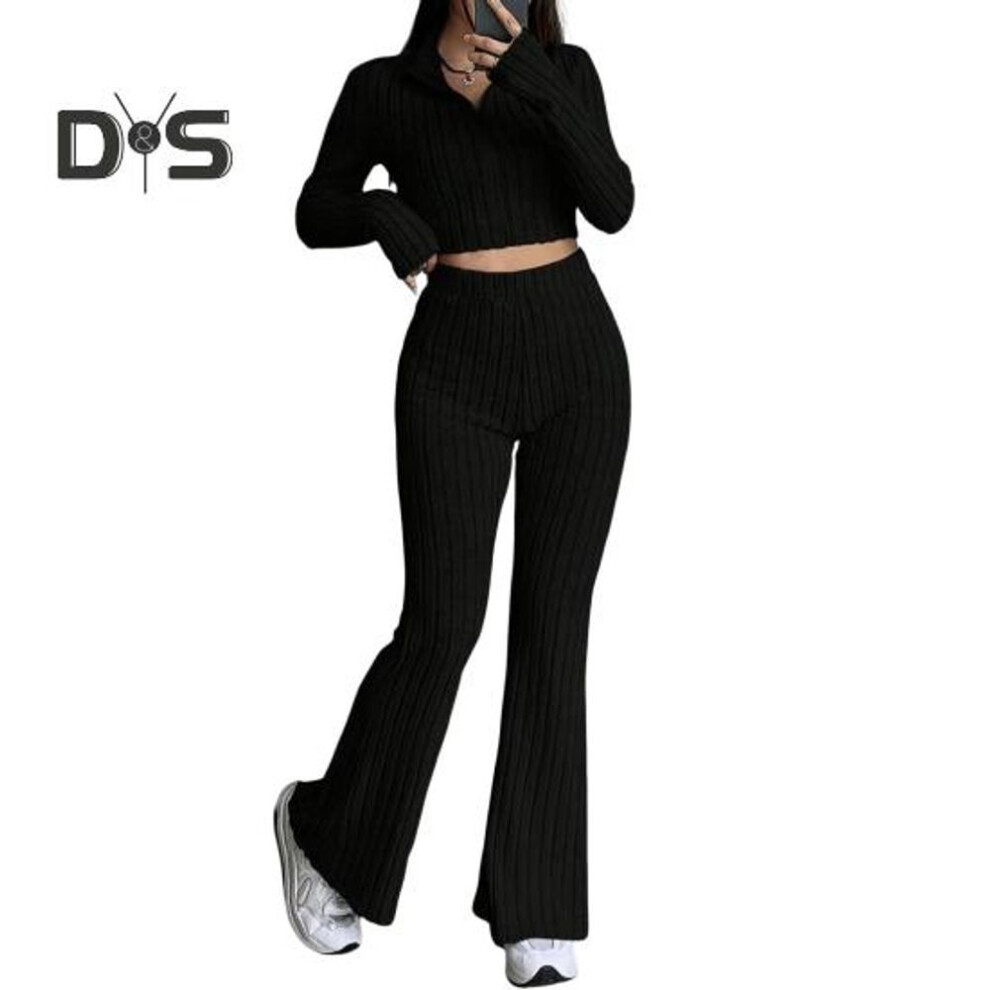 (black, L) 2 Pcs/Set Women Spring Commuting Outfit Top Flared Pants Set Zipper Closure Thread Stand Collar Coat High Waist Sport Tracksuit Elastic Daily Clothes