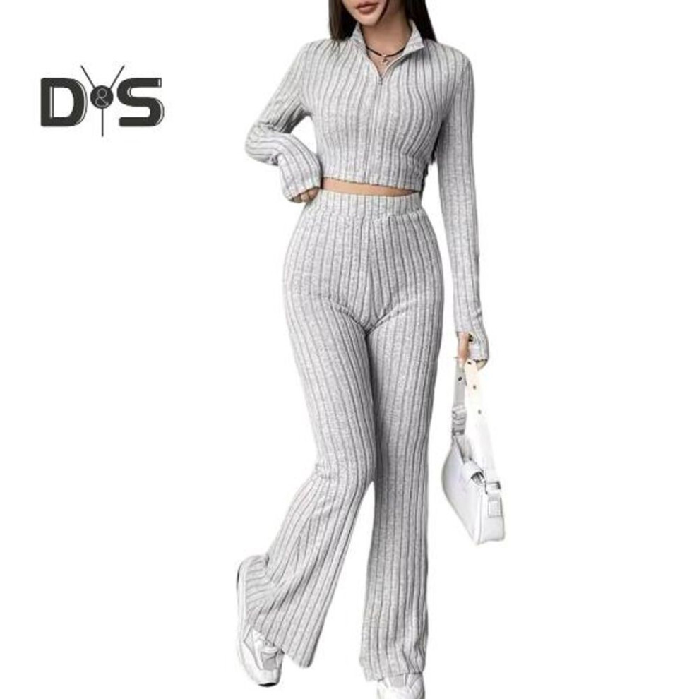 (light grey, M) 2 Pcs/Set Women Spring Commuting Outfit Top Flared Pants Set Zipper Closure Thread Stand Collar Coat High Waist Sport Tracksuit Elastic Daily Clothes