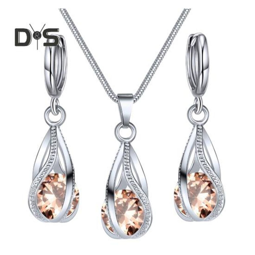 (champagne) Silver Drop Jewelry Set For Women Cubic Zircon Teardrop Dangle Earrings And Necklace Set For Wedding Bridal Accessories