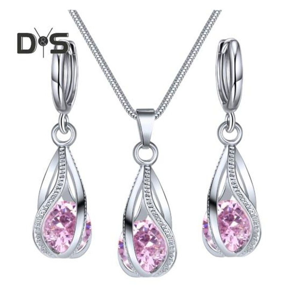 (pink) Silver Drop Jewelry Set For Women Cubic Zircon Teardrop Dangle Earrings And Necklace Set For Wedding Bridal Accessories