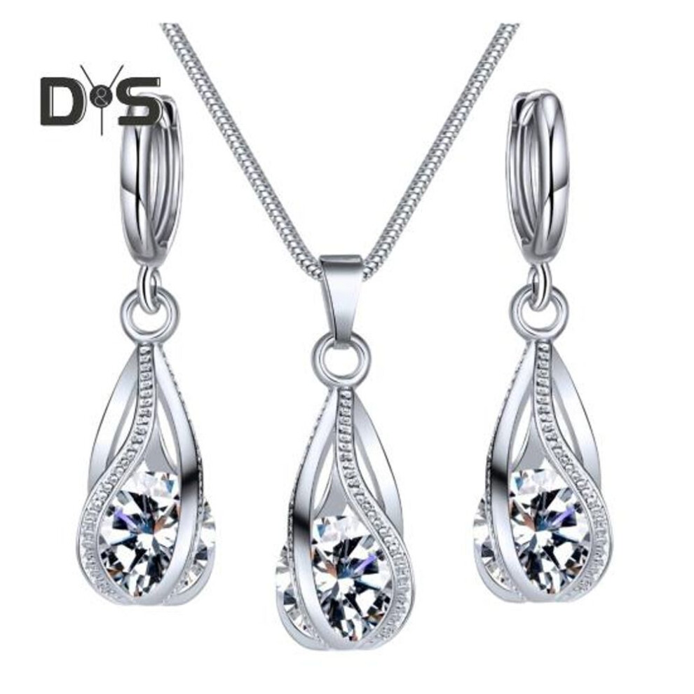 (white) Silver Drop Jewelry Set For Women Cubic Zircon Teardrop Dangle Earrings And Necklace Set For Wedding Bridal Accessories