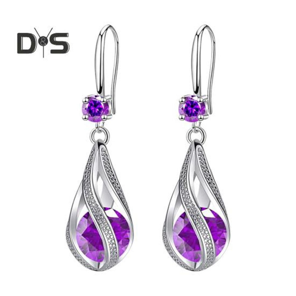 (purple) Silver Teardrop Earrings for Women Cubic Zirconia Drop Dangle Earrings Wedding Jewelry Accessory for Brides