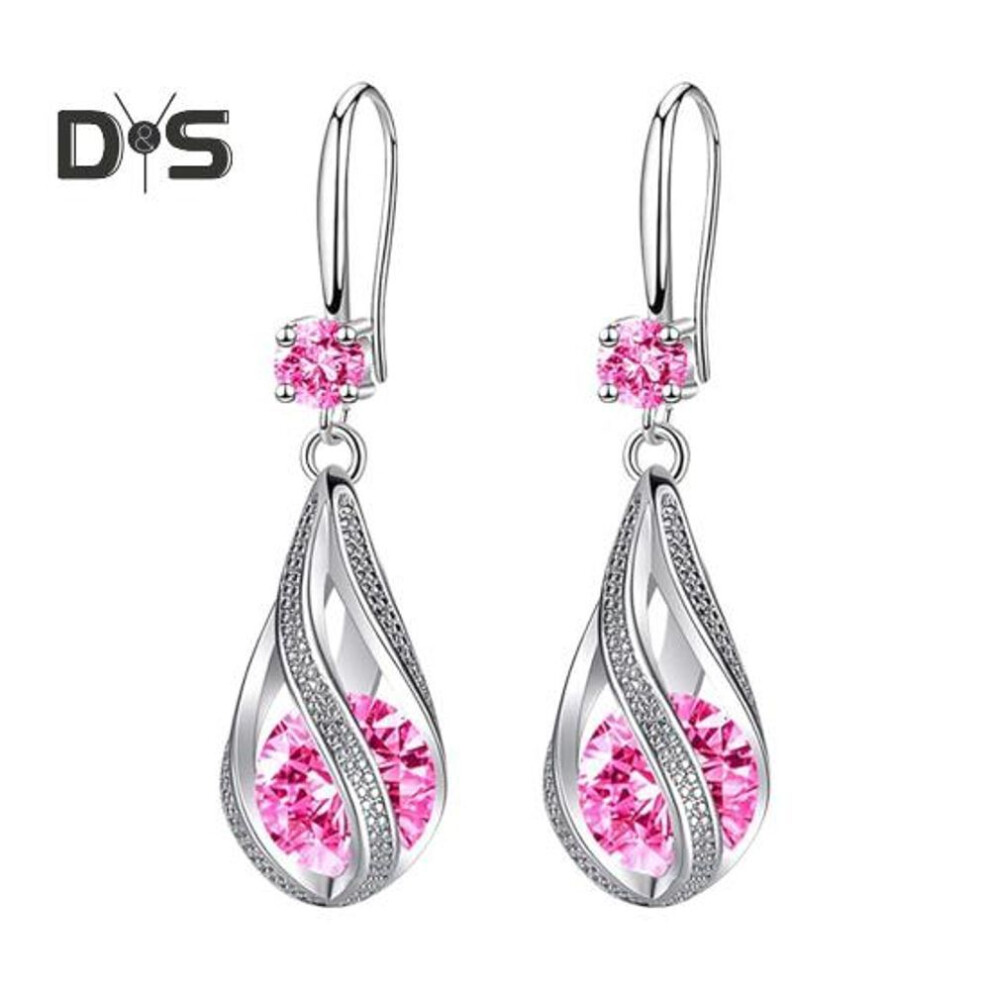 (pink) Silver Teardrop Earrings for Women Cubic Zirconia Drop Dangle Earrings Wedding Jewelry Accessory for Brides
