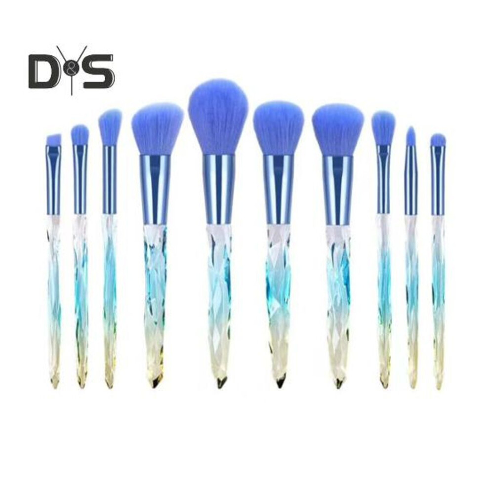 (blue) 10pcs/set Makeup Brush With Faux Crystal Handle Portable Multifunction Foundation Loose Powder Blush Eye Shadow Brow Lip Cosmetic Brush Kit