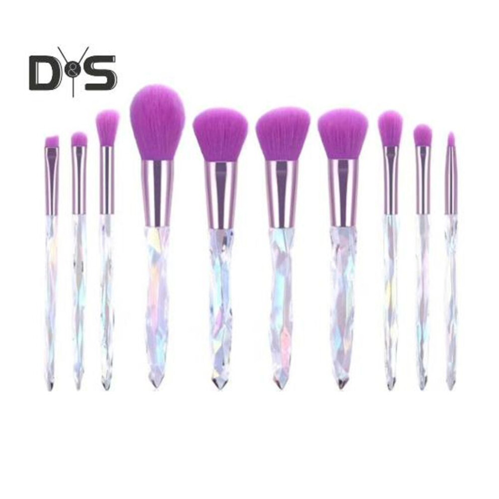 (purple) 10Pcs/Set Makeup Brush with Faux Crystal Handle Portable Multifunction Foundation Loose Powder Blush Eye Shadow Brow Lip Cosmetic Brush Kit