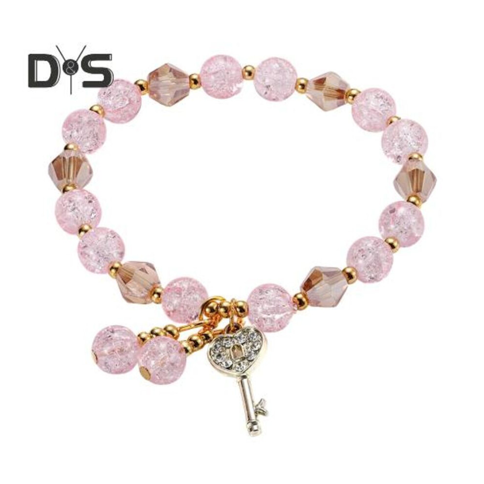 (pink) Lucky Bead Bracelets For Women Handmade Vintage Jewelry Strand With Key Charm Wedding Gifts For Brides