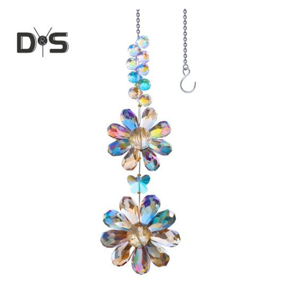 (as the picture, B) Faux Crystal Flower Suncatcher Decoration Indoor Outdoor Colorful Faux Crystal Double Sunflower Window Hanging Ornament Rainbow Maker Pendant