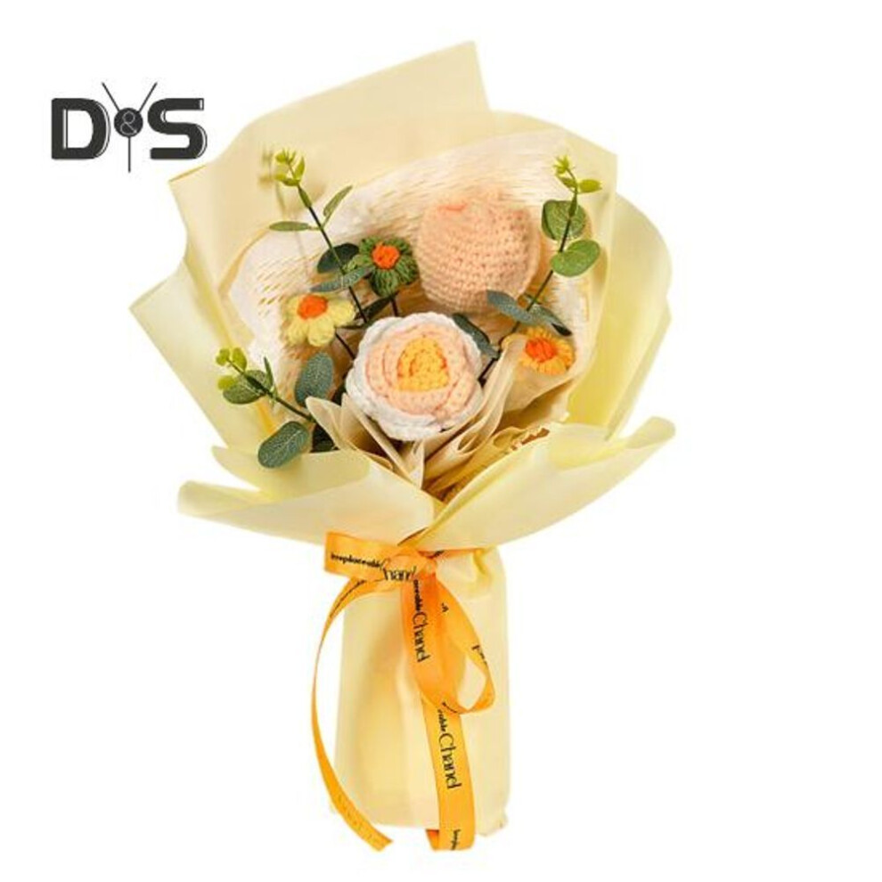 (yellow) Crochet Flower Bouquet Decoration Handmade Knitting Tulip Rose Floral Plants Ornament Artificial Flower Table Centerpiece Birthday Gift