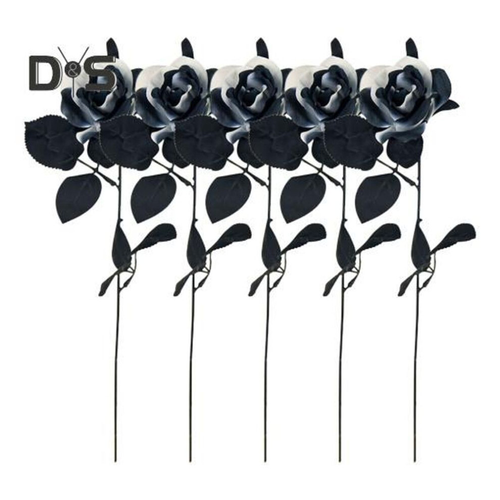 (black white, 5pcs) 5pcs Halloween Artificial Black Rose With Leaves Gothic Realistic Fake Silk Flower Festival Party Home Office Table Centerpiece Faux Floral Branch