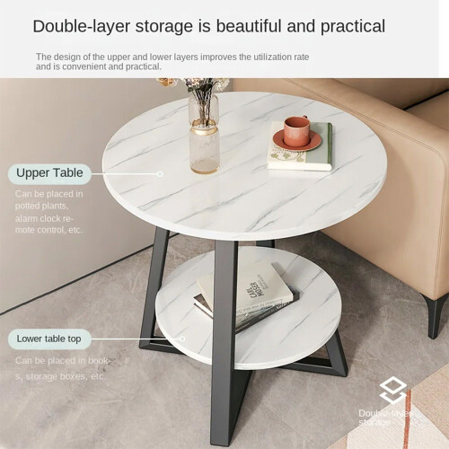 Round 2 Tier Coffee Table Side Table White Marble Effect End Table Living Room 2