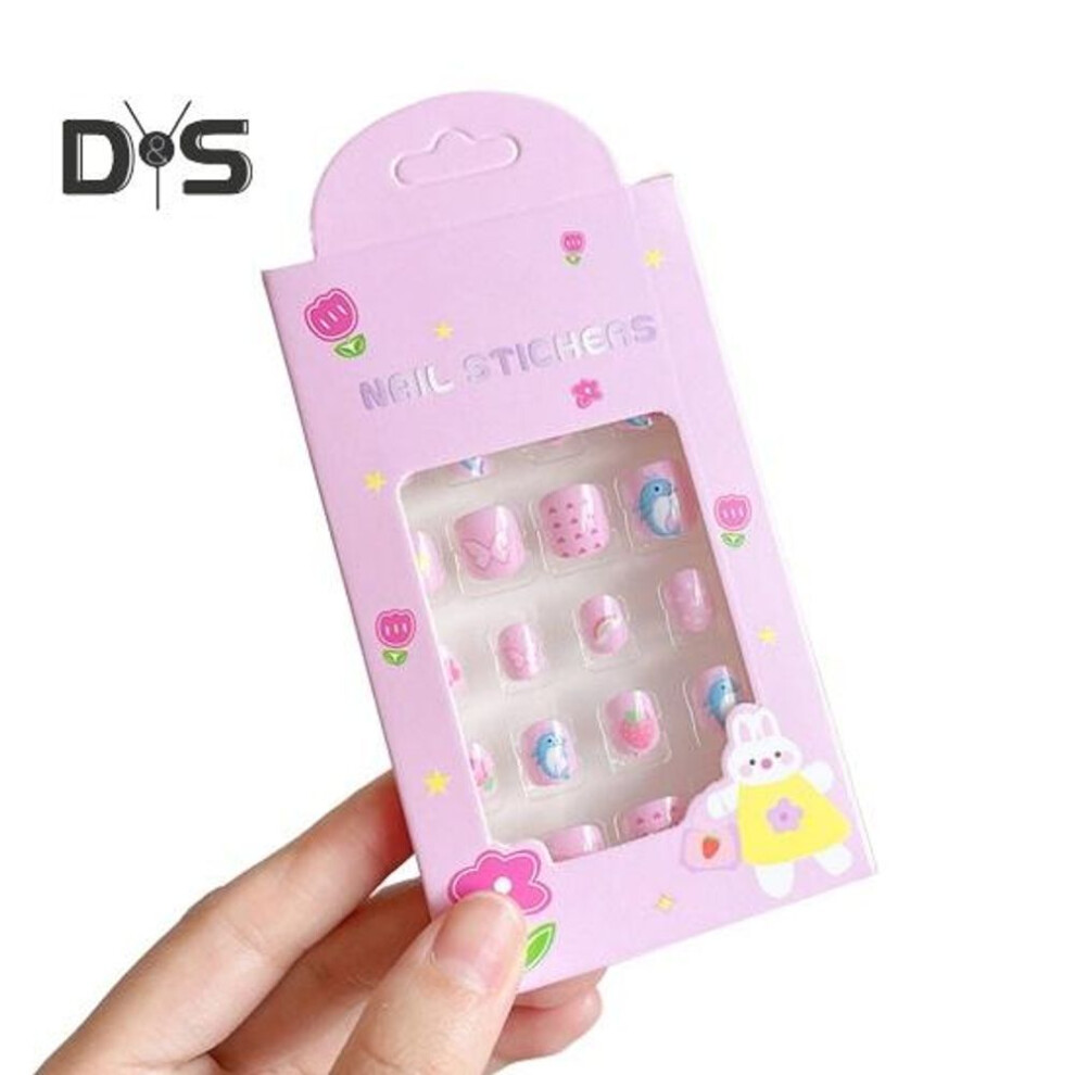 (as the picture, E) 24Pcs Kids Fake Nail Kawaii Kids Fake Nail Art Stickers Set Creative DIY Nail Kit for Nail Decorations