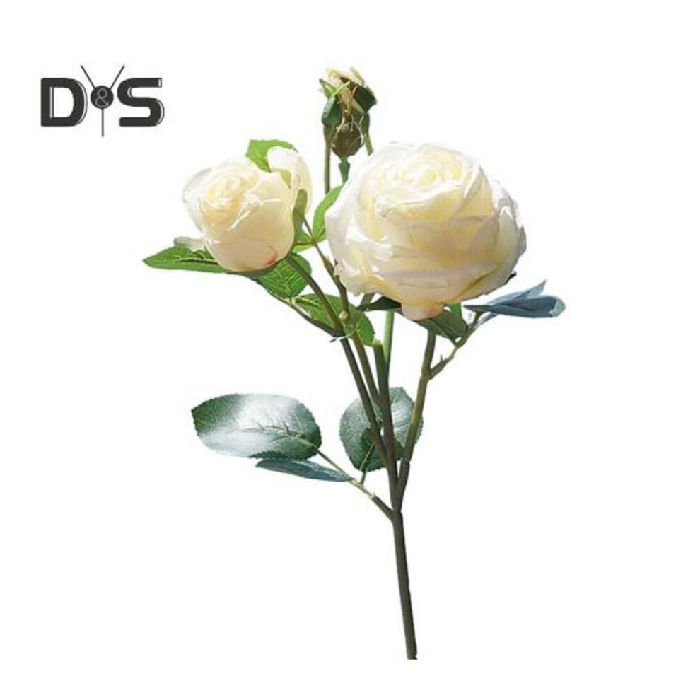 (white) Artificial Rose With Stem Green Leaves Realistic Fake Flower Wedding Party Home Office Table Centerpiece Faux Floral Branch Decoration