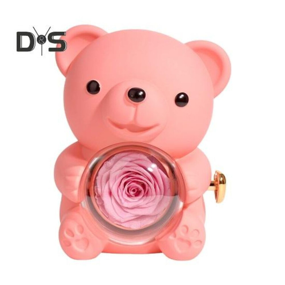 (pink) Preserved Rose Hug Bear Gift With Heart Necklace Rotatable Eternal Flower Bear Gift Box Wife Mom Grandma Girlfriend Valentine's Day Birthday Gift