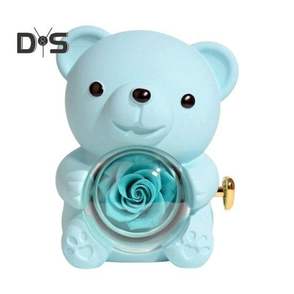 (blue) Preserved Rose Hug Bear Gift with Heart Necklace Rotatable Eternal Flower Bear Gift Box Wife Mom Grandma Girlfriend Valentine's Day Birthday Gift