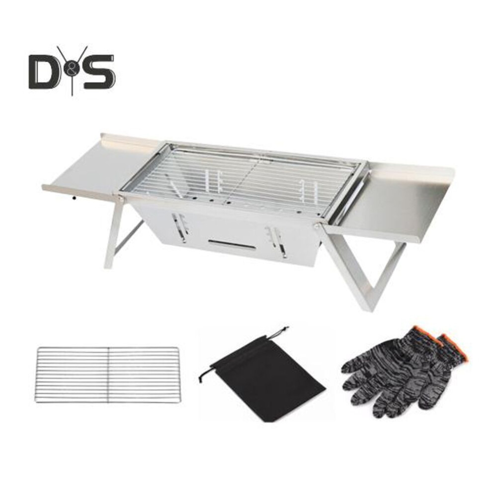 (as the picture, B) Stainless Steel Outdoor BBQ Grill Portable Folding Charcoal Grill with Glove Carry Bag Heavy Duty Camping Picnic Backyard Barbecue Grill