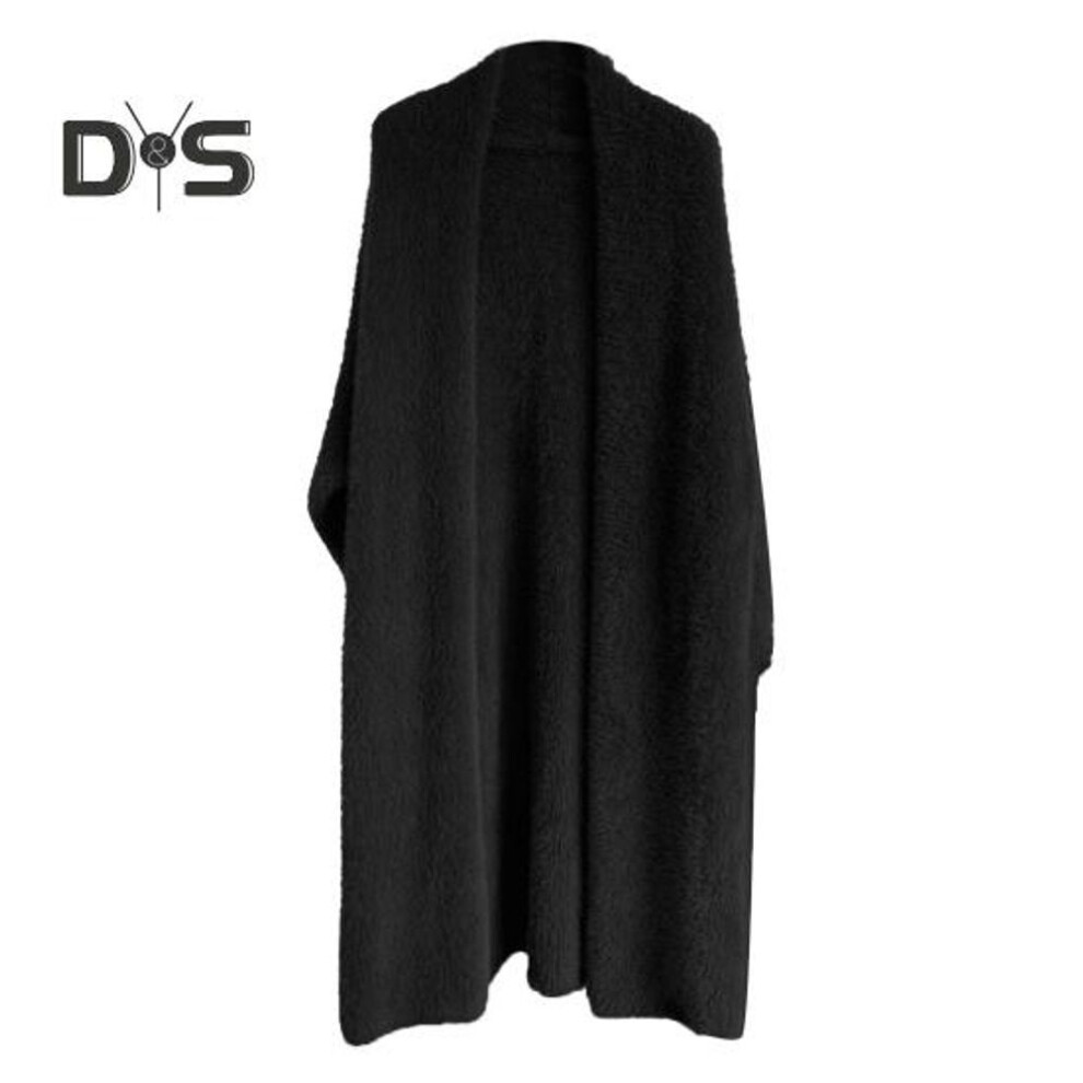 (black) Women Sweater Coat Collarless Batwing Long Sleeve Solid Color Knitting Cardigan Open Front Mid-length Knitwear