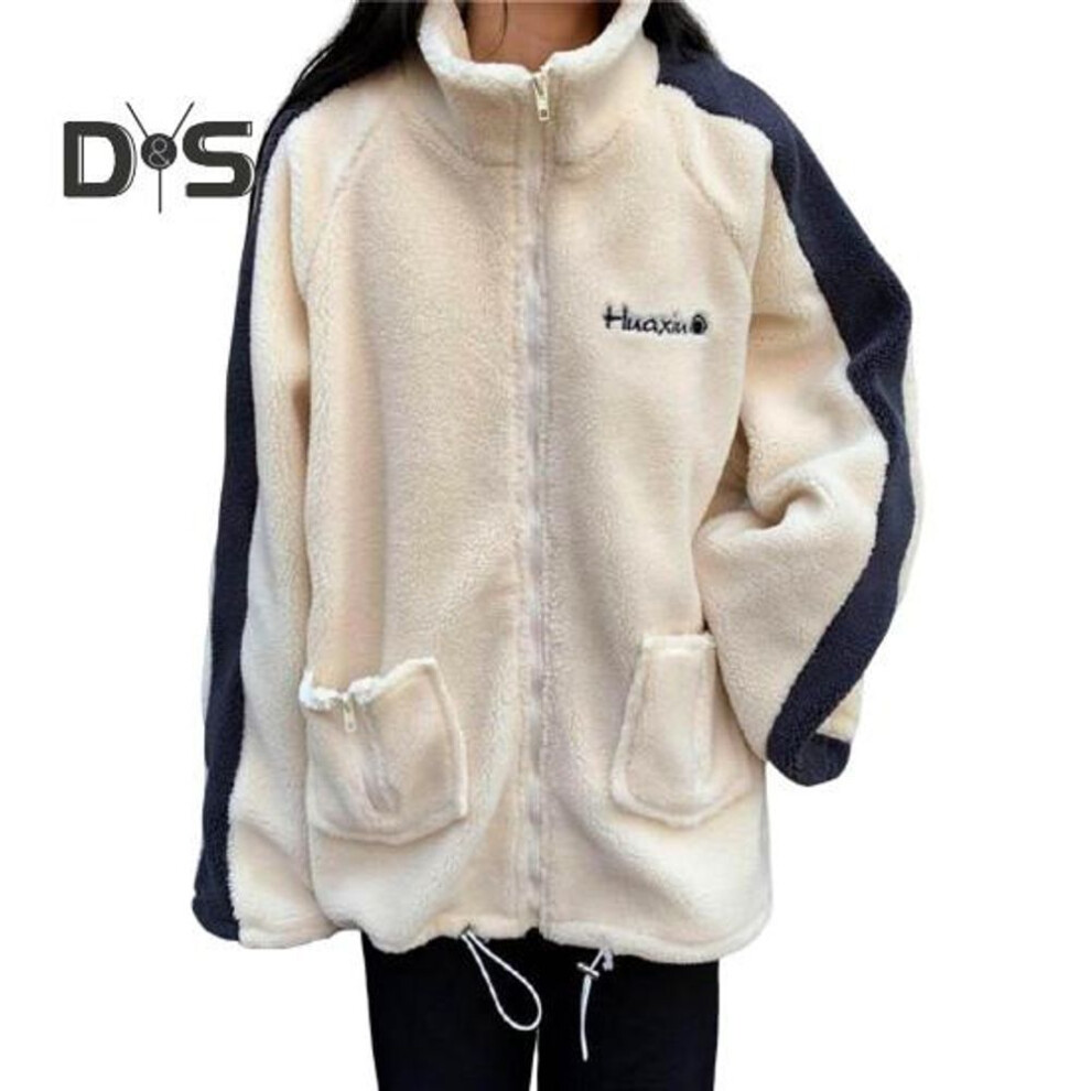 (beige, M) Winter Women Coat Stand Collar Long Sleeves Pockets Embroidery Zip-up Colorblock Thick Fleece Loose Sport Casual Daily Wear Jacke
