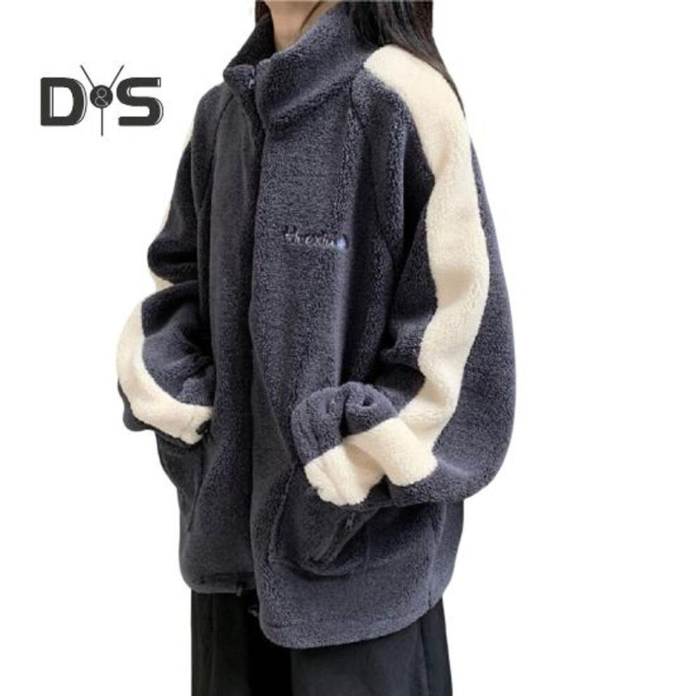(dark gray, XL) Winter Women Coat Stand Collar Long Sleeves Pockets Embroidery Zip-up Colorblock Thick Fleece Loose Sport Casual Daily Wear Jacke