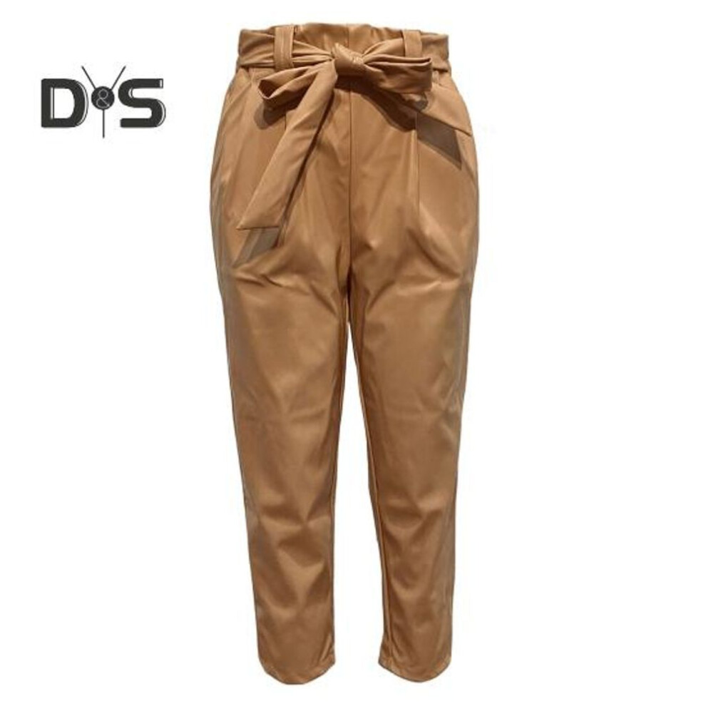(khaki, L) Women Pants Elastic High Waist Lace-up Imitation Leather Trousers Straight Fit Solid Color Casual Style Long Pants