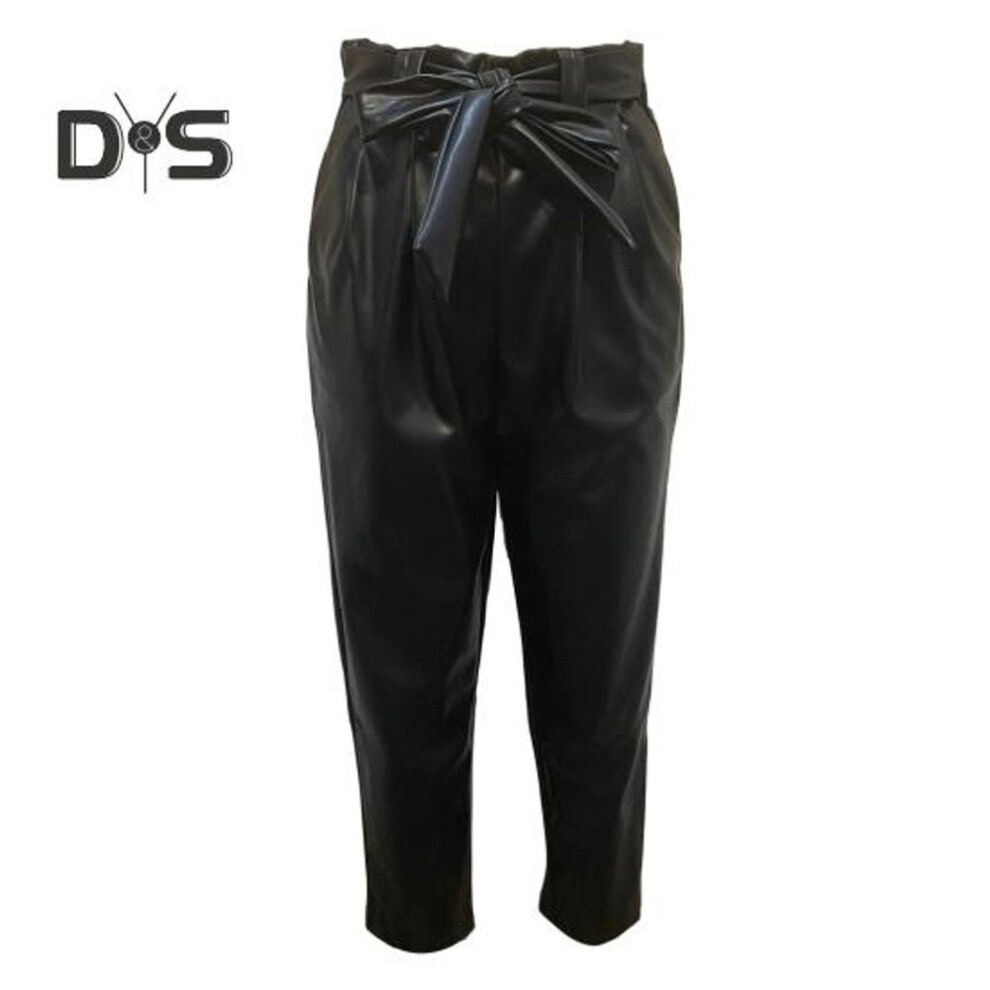(black, XL) Women Pants Elastic High Waist Lace-up Imitation Leather Trousers Straight Fit Solid Color Casual Style Long Pants