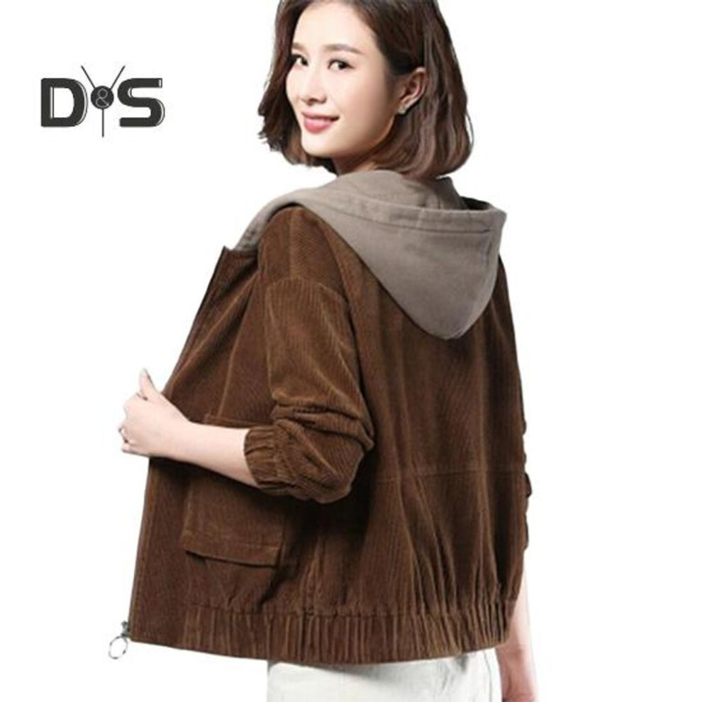 (coffee, L) Fall Spring Women Corduroy Jacket Patch Pockets Hooded Loose Colorblock Elastic Cuffs And Hem Streetwear Office And Leisure Coat