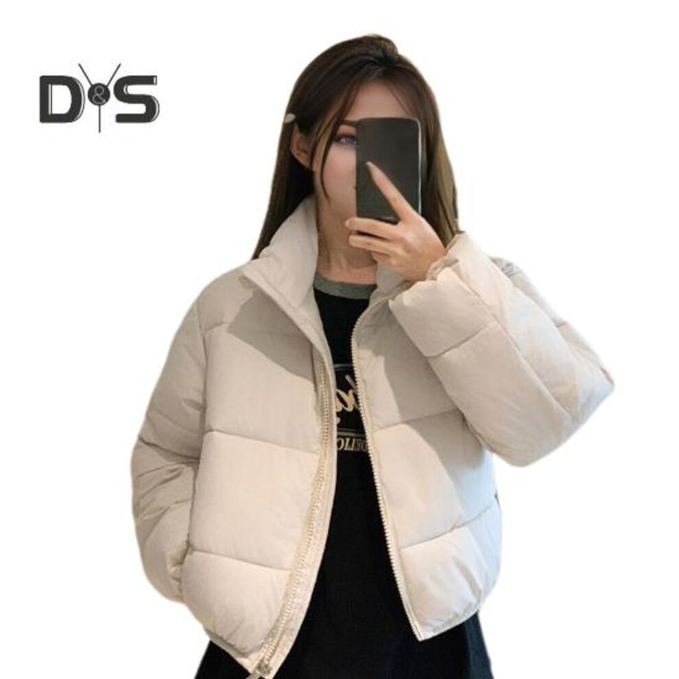 (beige, L) Winter Women Padded Coat Thickened Zipper Closure Stand Up Collar Neck Protection Long Sleeves Solid Color Windproof Heat Retention Outdoor Down