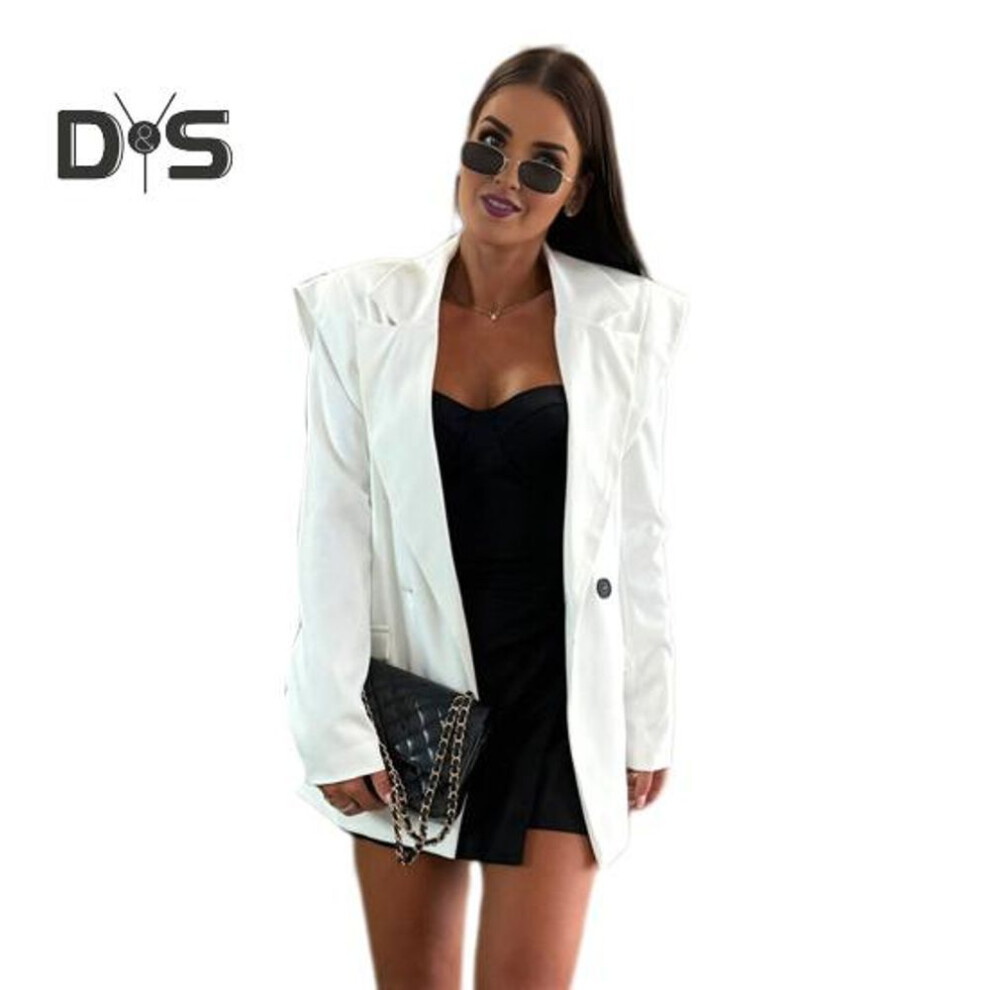 (white, M) Women Suit Coat Lapel Long Sleeve Buttons Closure Suit Jacket Solid Color Loose Fit Flap Pockets Casual Business Outwear